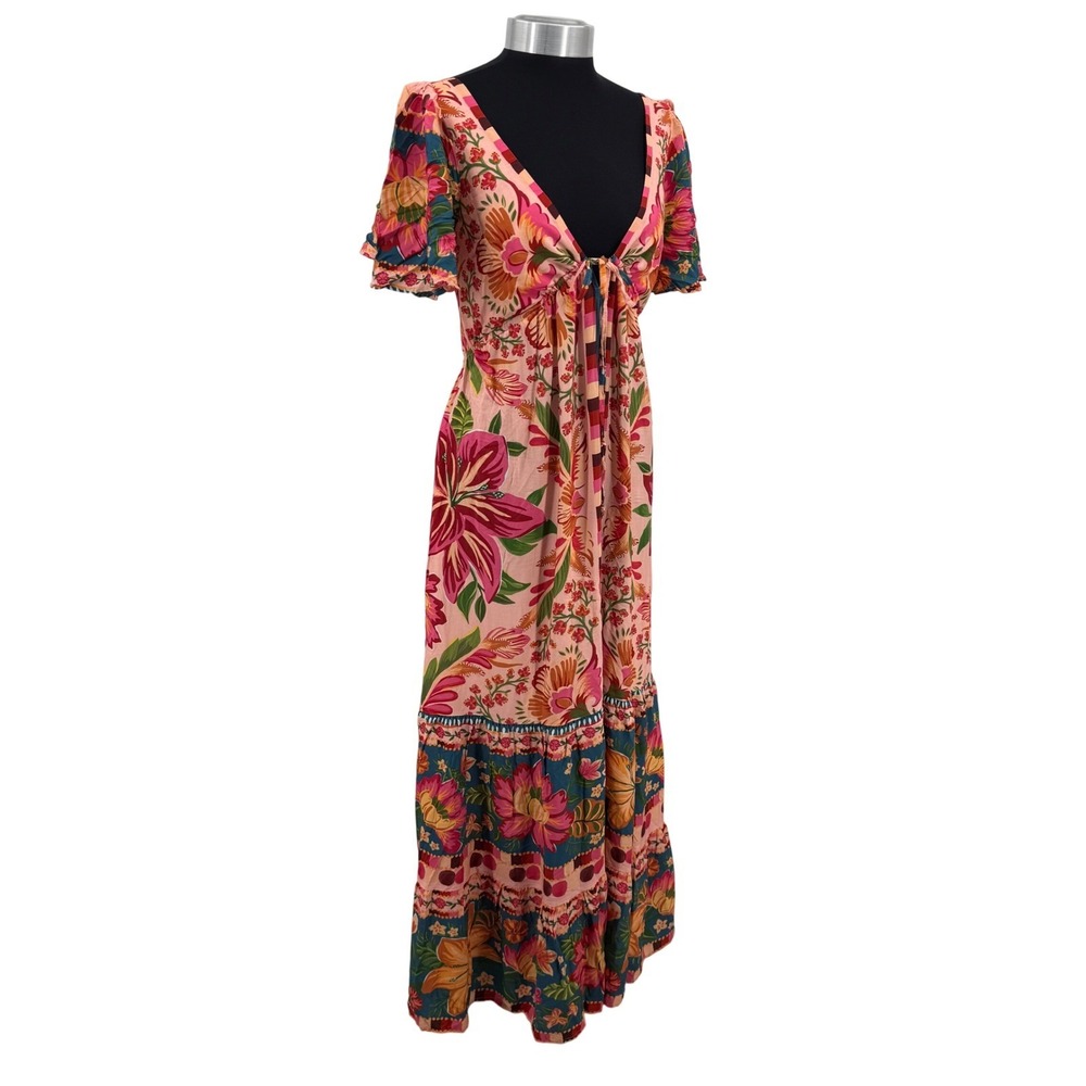 FARM Rio Tropical Floral Maxi Dress Womens Small Multicolor V-Neck Boho Resort - Picture 8 of 16